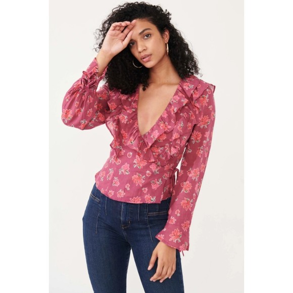 NWT Free People Women Amanda Ruffle Top Sultry Combo Large Long Sleeves - Picture 1 of 13